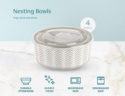 KooK Serving Bowls, with Lids, Ceramic Nesting Bowls, Set of 4, Embossed, Kitchen, Prep, Stackable, Gift, Microwave and Dishwasher Safe, 10/16/29/47 oz, Narbonne Collection (Ivory)