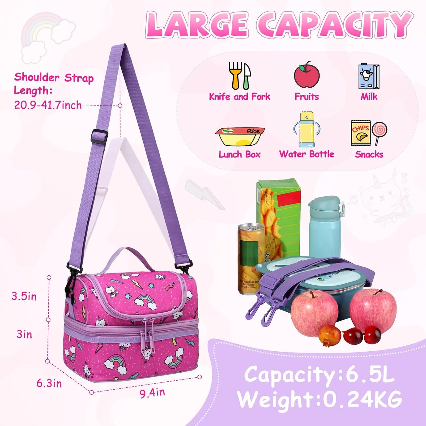 Lunch Bag for Girls,ChaseChic Insulated Lightweight Lunch Boxes for Kids Boys Dual Compartment Lunch Organizer Leak-Proof Cooler Bag with Detachable Adjustable Shoulder Strap,Purple Butterflies