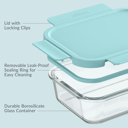 Bentgo Glass Leak-Proof Food Storage Set - 4-Piece Glass Containers with BPA-Free Airtight Lids, Reusable & Durable for Leftovers & Meal Prep - Microwave, Freezer, Oven & Dishwasher Safe (Soft Aqua)