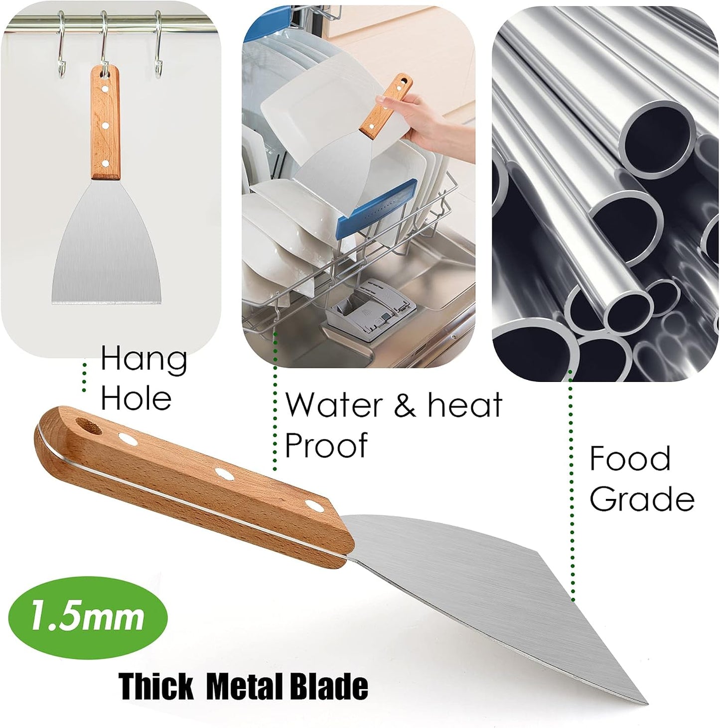 Grill Griddle Scraper Set of 2, Leonyo Stainless Steel Versatile Metal flat Top Grill Scraper for Dough Pancake Pizza Teppanyaki BBQ Home Baking Cooking, Slant Edge & Dishwasher Safe