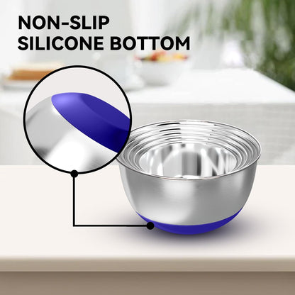 KITEISCAT Stainless Steel Mixing Bowls with Lids – Set of 5 Large Nesting Metal Bowls for Kitchen, Baking, Cooking, Food Prep & Storage, Non-Slip Base, Dishwasher Safe,Khaki