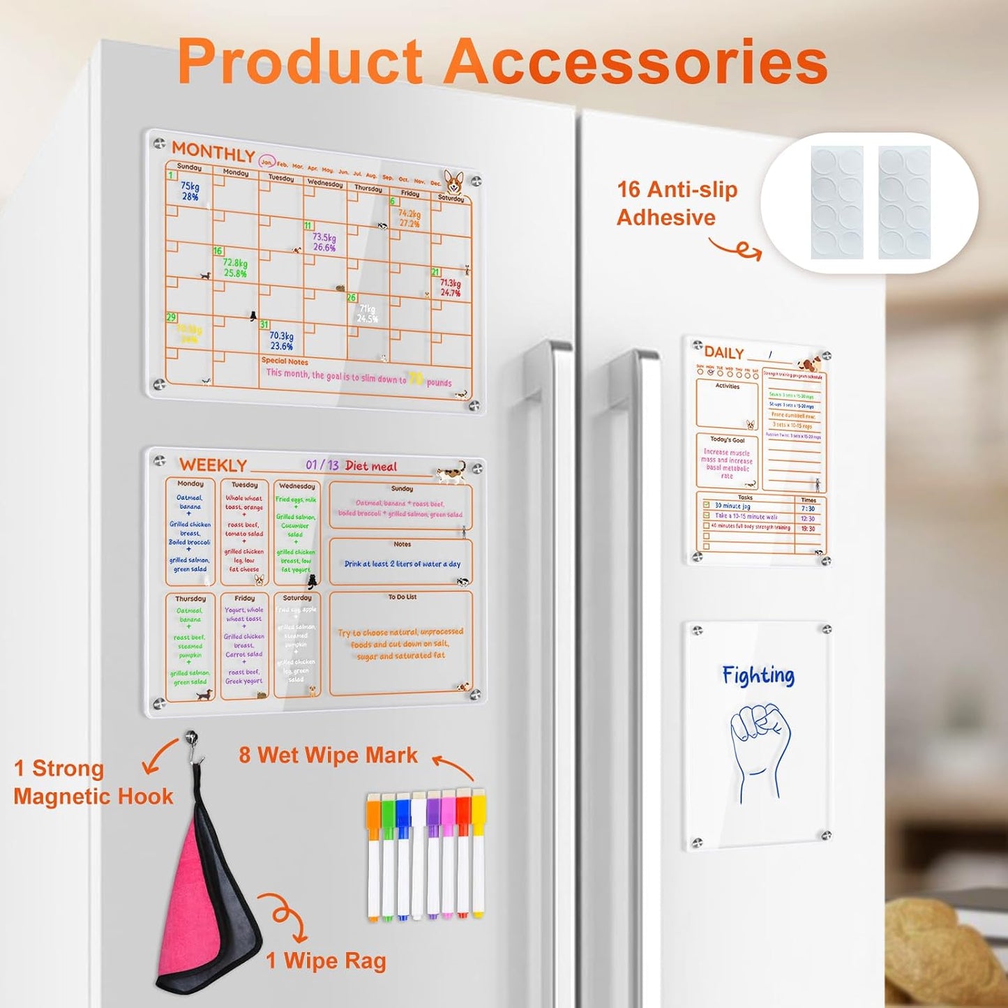 Magnetic Acrylic Clear Fridge Calendar Planner Note Board Set for Fridge,8Colors Markers,Erase Towel (Clear, Monthly & Weekly)