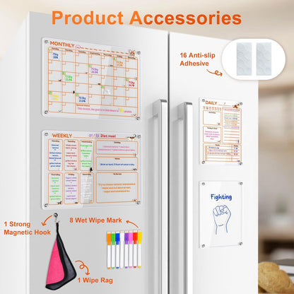 Magnetic Acrylic Clear Fridge Calendar Planner Note Board Set for Fridge,8Colors Markers,Erase Towel (Clear, Monthly & Weekly)