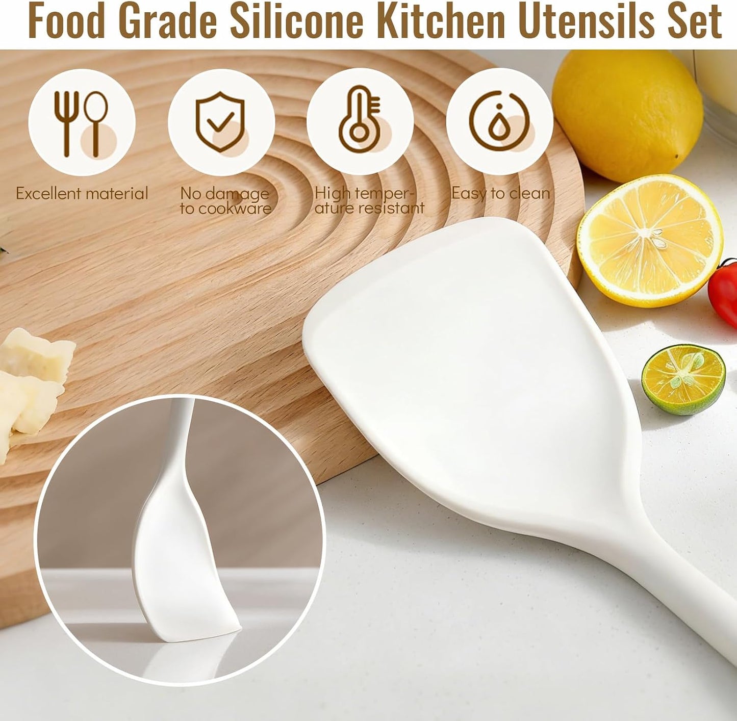 Silicone Kitchen Utensils Set, 10 Piece Silicone Cooking Utensils Set with Holder, Heat-Resistant Non Stick Cooking Tools Set with Spatula,Turner Ladle Skimmer Pasta Fork,BPA Free (Khaki)