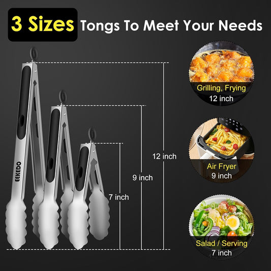 Stainless Steel Tongs for Cooking, Heat Resistant 600 Degrees Metal Kitchen Tongs with Silicone Grip, Locking Tongs for BBQ, Grilling, Serving, Salad, Dishwasher, Set of 2(9" and 12")