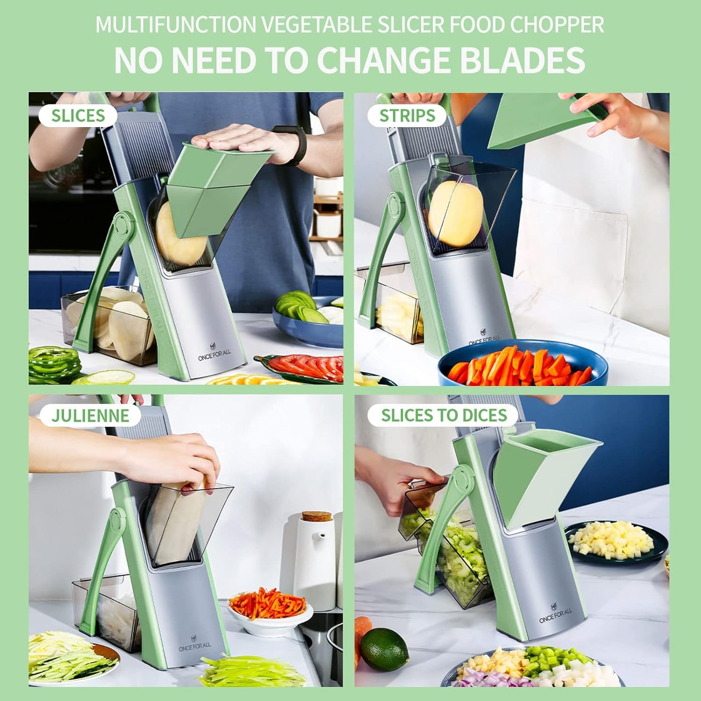 ONCE FOR ALL Upgrade Safe Mandoline Slicer Plus, Biger Size, Adjustable Vegetable Food Chopper Potato Fries Cutter, Detachable Blade, Kitchen Chopping Artifact, Gift (SkyBlue)