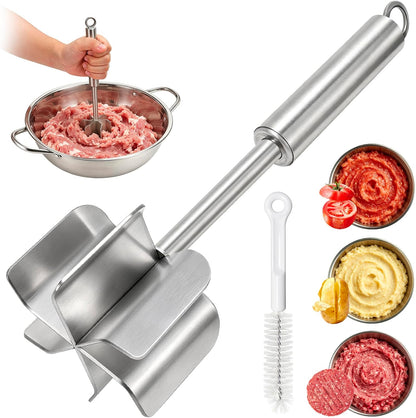 TRELC 304 Stainless Steel Meat Masher, 6 Blade Ground Beef Chopper Tool