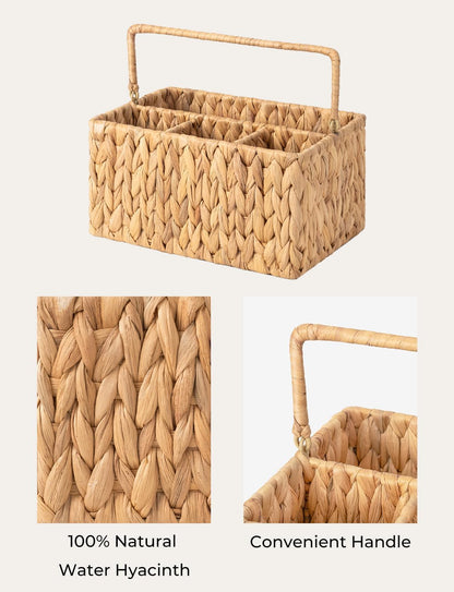 StorageWorks Wicker Silverware Organizer with Handle, Seagrass Kitchen Utensil Holder, Large Utensil Holder for Kitchen Counter, Spoon Forks Knife Cutlery Caddy, Paper Plate Dispenser for Countertop