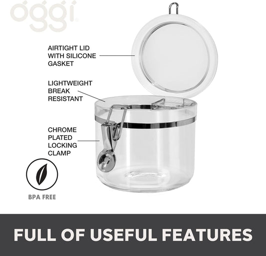 Oggi Clear Canister with Clamp Lid, 28 oz - Large Airtight Food Storage Container, for Kitchen & Pantry Storage of Bulk, Dry Foods Including Pasta, Flour, Sugar, Coffee, Rice, Tea, Spices & Herbs
