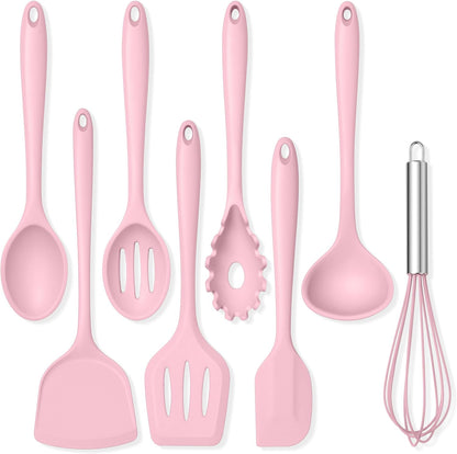 TeamFar Silicone Cooking Utensils Set, 8 PCS Kitchen Utensils Set, 446°F Heat Resistant, Turner, Spatula, Spoon, Whisk, Kitchen Cooking Gadgets Tools for Nonstick Cookware, Dishwasher Safe-Khaki
