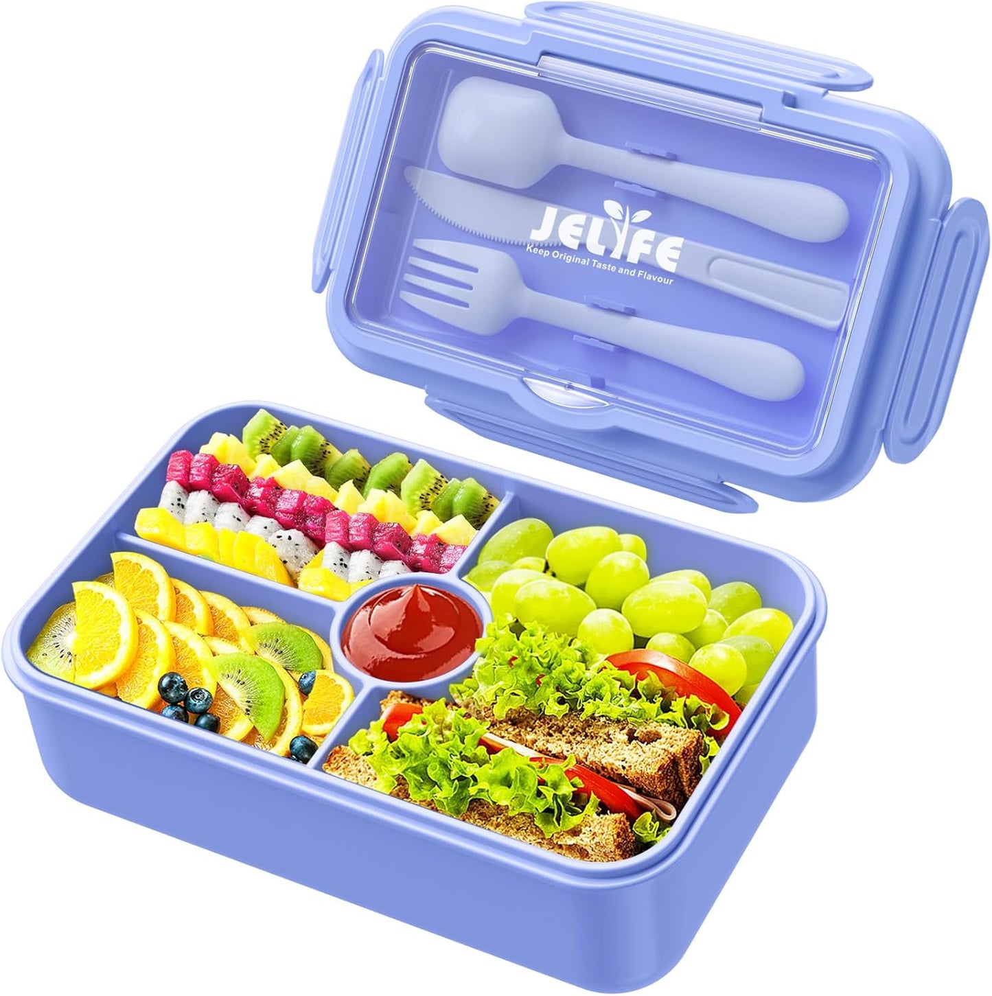 Jelife Bento Lunch Box for Kids - Leakproof Large Bento-Style with 4 Compartments Portions Lunchbox with Tableware Back to School, Reusable On-the-Go Meal and Snack Packing, Blue