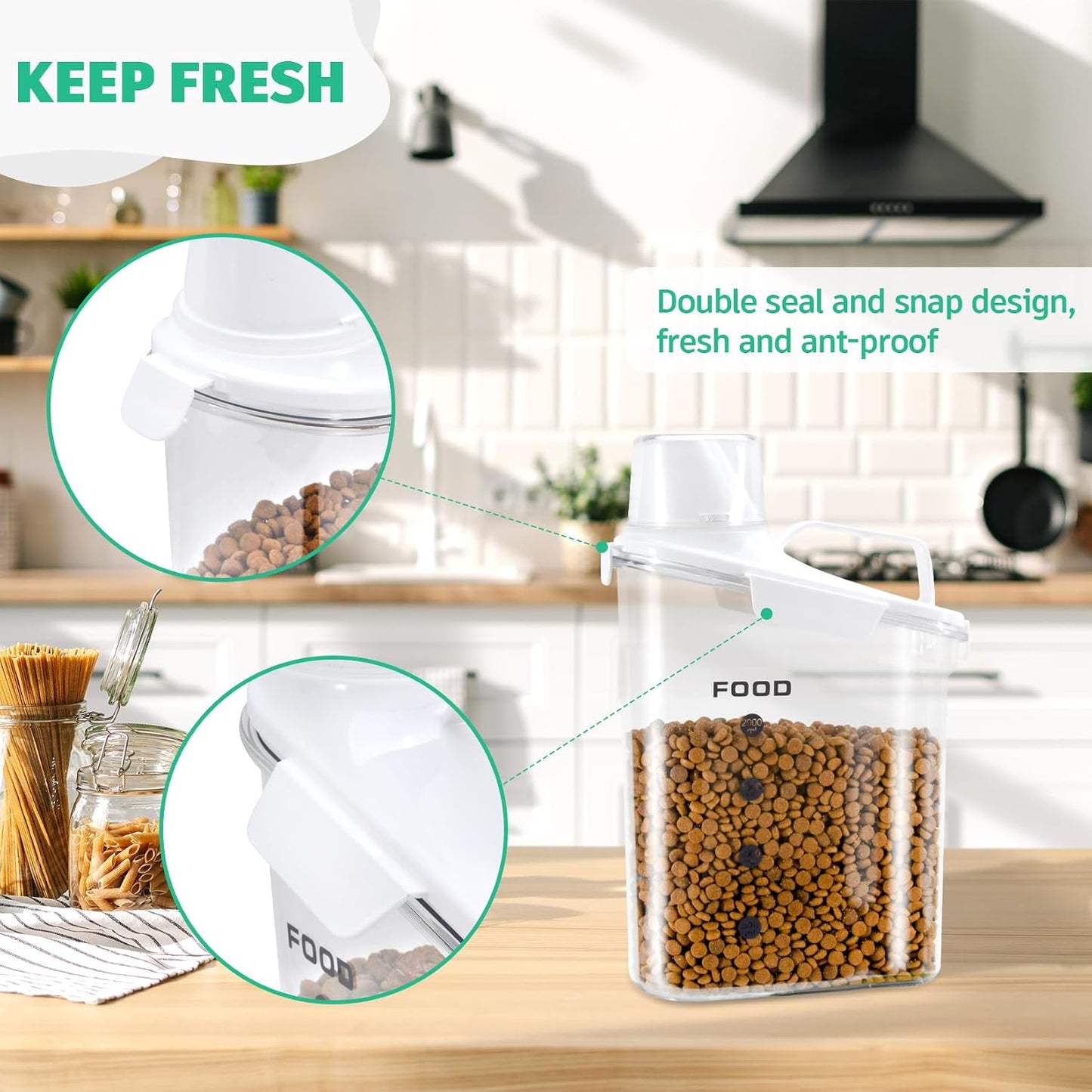 Dog Food Storage Container, Pet Food Storage Containers with Airtight Pour Spout, Cat Food Container with Measuring Cups, Portable Travel Pet Food Container for Dogs, Cats, Birds（Green）