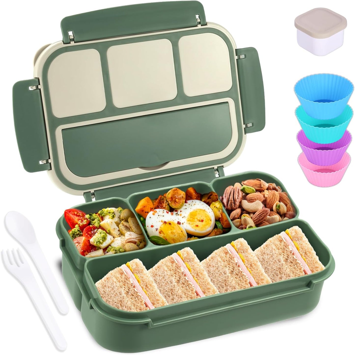 Bento Box Adult Lunch Box, Lunch Containers for Kids Girls Boys with 4 Compartments, Lunchable Food Container with Utensils, Sauce Jar, Muffin Liners, 40 Oz/5 Cup, Microwave Safe, Lavender