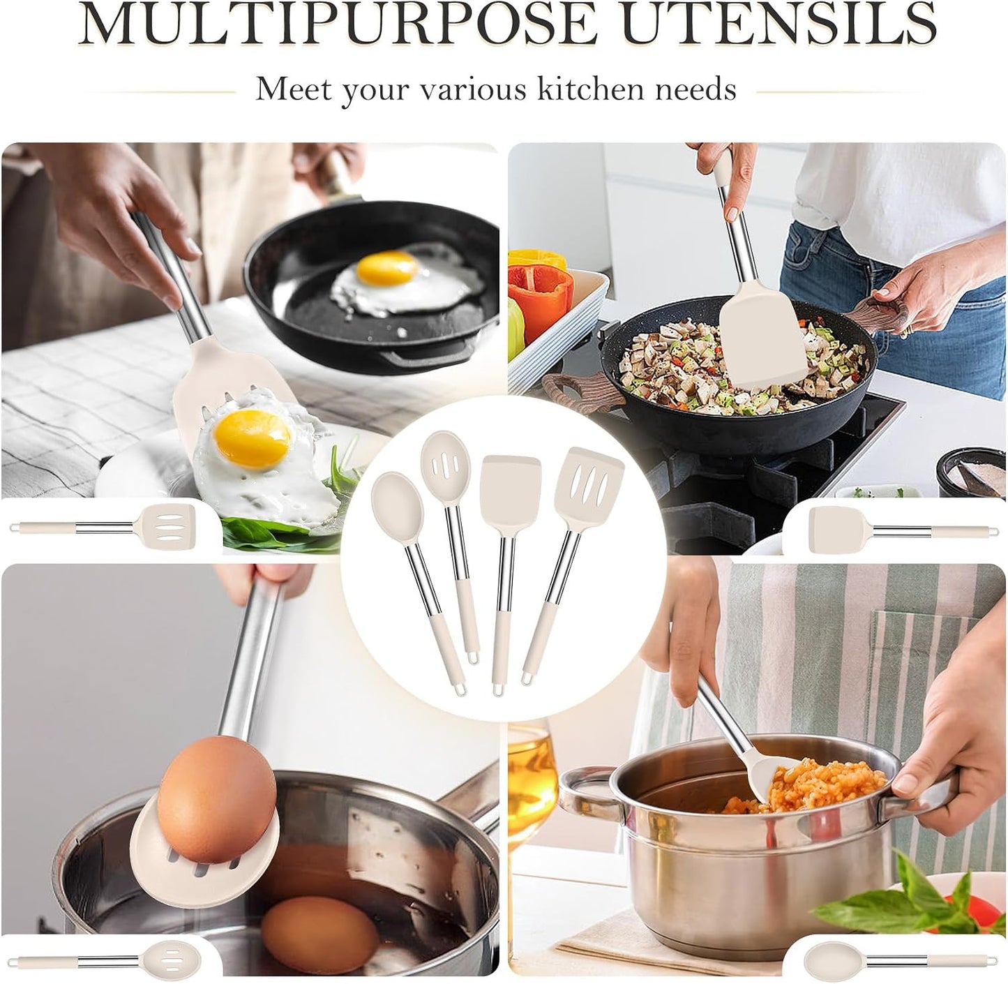TeamFar Kitchen Utensils, 4 PCS Silicone Cooking Utensils Spatula Spoon Set with Stainless Steel Handle, for Frying Mixing Draining Turning, Healthy & Heat-proof, Non-stick & Dishwasher Safe - Black