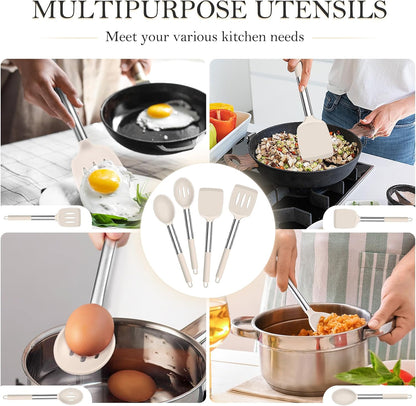 TeamFar Kitchen Utensils, 4 PCS Silicone Cooking Utensils Spatula Spoon Set with Stainless Steel Handle, for Frying Mixing Draining Turning, Healthy & Heat-proof, Non-stick & Dishwasher Safe - Black