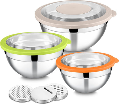 E-far Mixing Bowls Set of 5, Stainless Steel Salad Mixing Bowl with Transparent Lid, Metal Nesting Bowl Attach with 3 Graters for Kitchen Prepping/Serving/Baking/Storage, 4.6/2.6/1.5/1/0.7 QT - Black