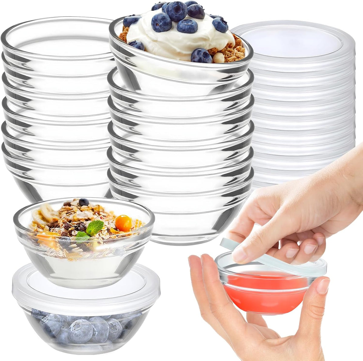 6 Pack Mini 3 Inch Small Glass Bowls with 12 Pack Lids