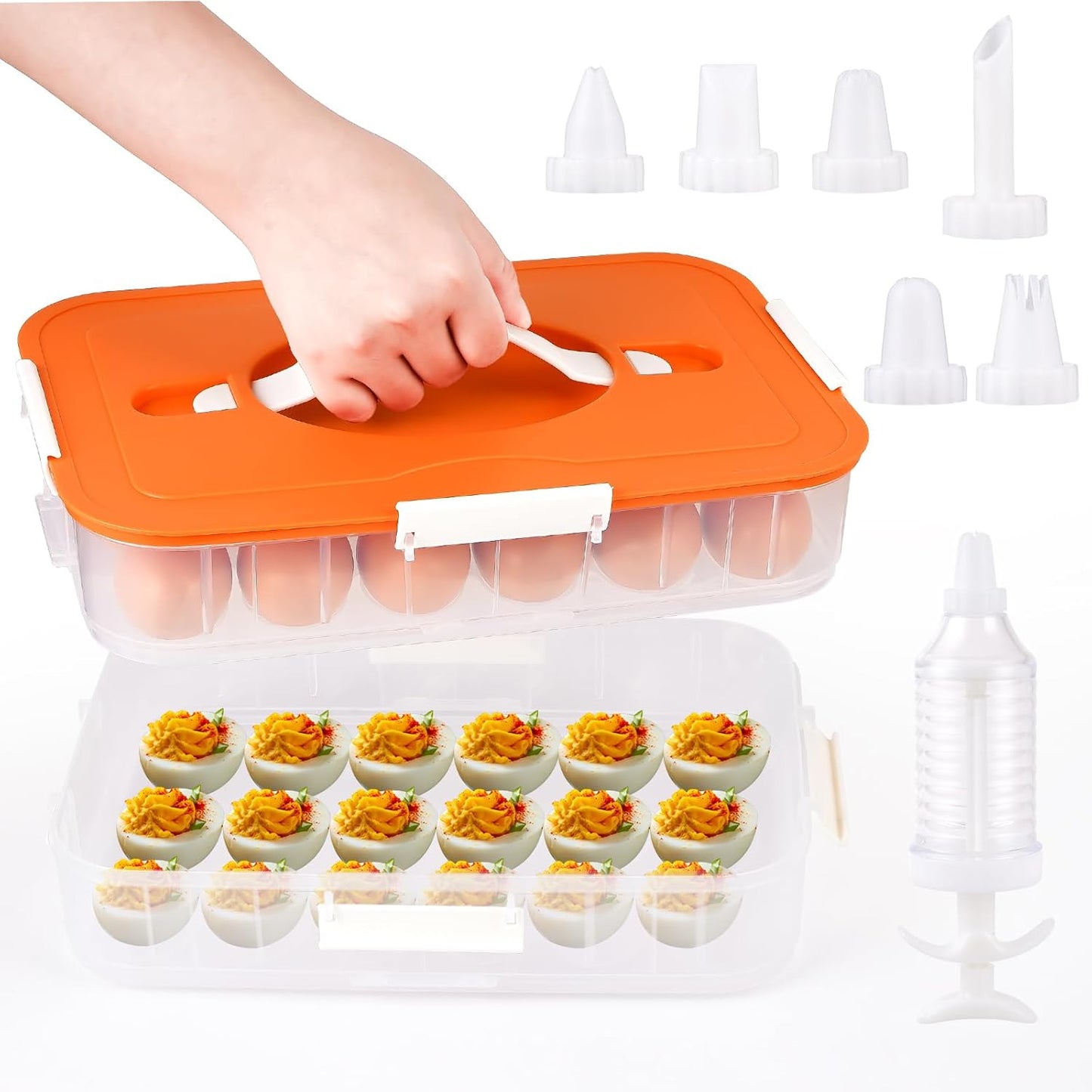 2-Layer Deviled Egg Containers with Lid, 36 Slots Deviled Egg Tray Carrier with Handle and Deviled Egg Injector Piping Tool, Portable Egg Storage Carrier Tray Platter for Party Picnic Travel (white)