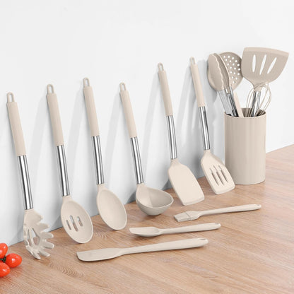 Onader Kitchen Utensils Set, 15 Pcs Silicone Cooking Utensils Set with Holder and Heat Resistant Stainless Steel Handle for Nonstick Cookware - Black