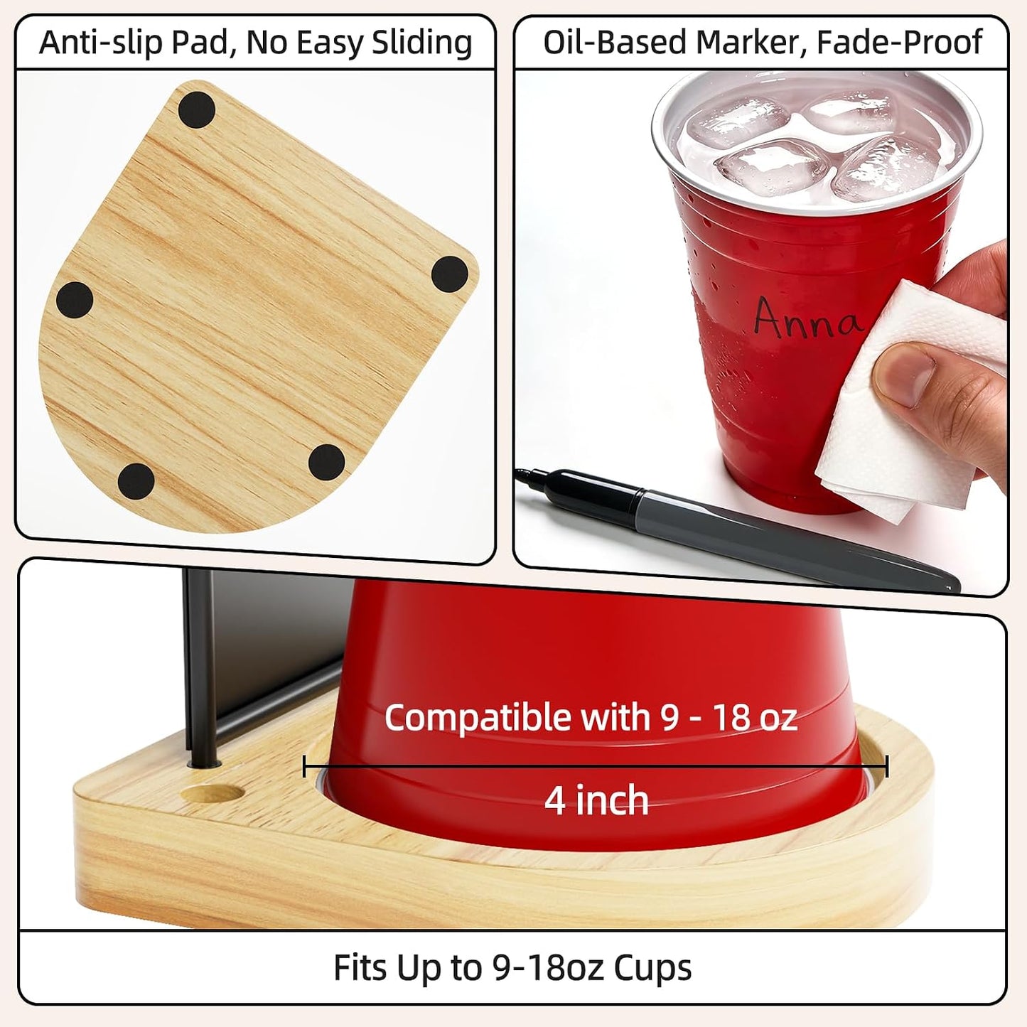Decorative Solo Cup Holder with Marker Slot, Disposable Cup Dispenser Prevents Drink Mix-Ups – A Hosting Essential for Birthdays, BBQs, Gatherings & Housewarming, Brown