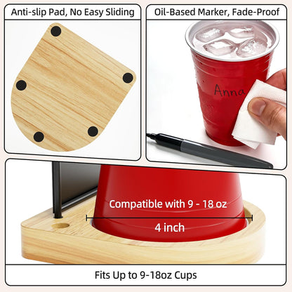 Decorative Solo Cup Holder with Marker Slot, Disposable Cup Dispenser Prevents Drink Mix-Ups – A Hosting Essential for Birthdays, BBQs, Gatherings & Housewarming, Brown
