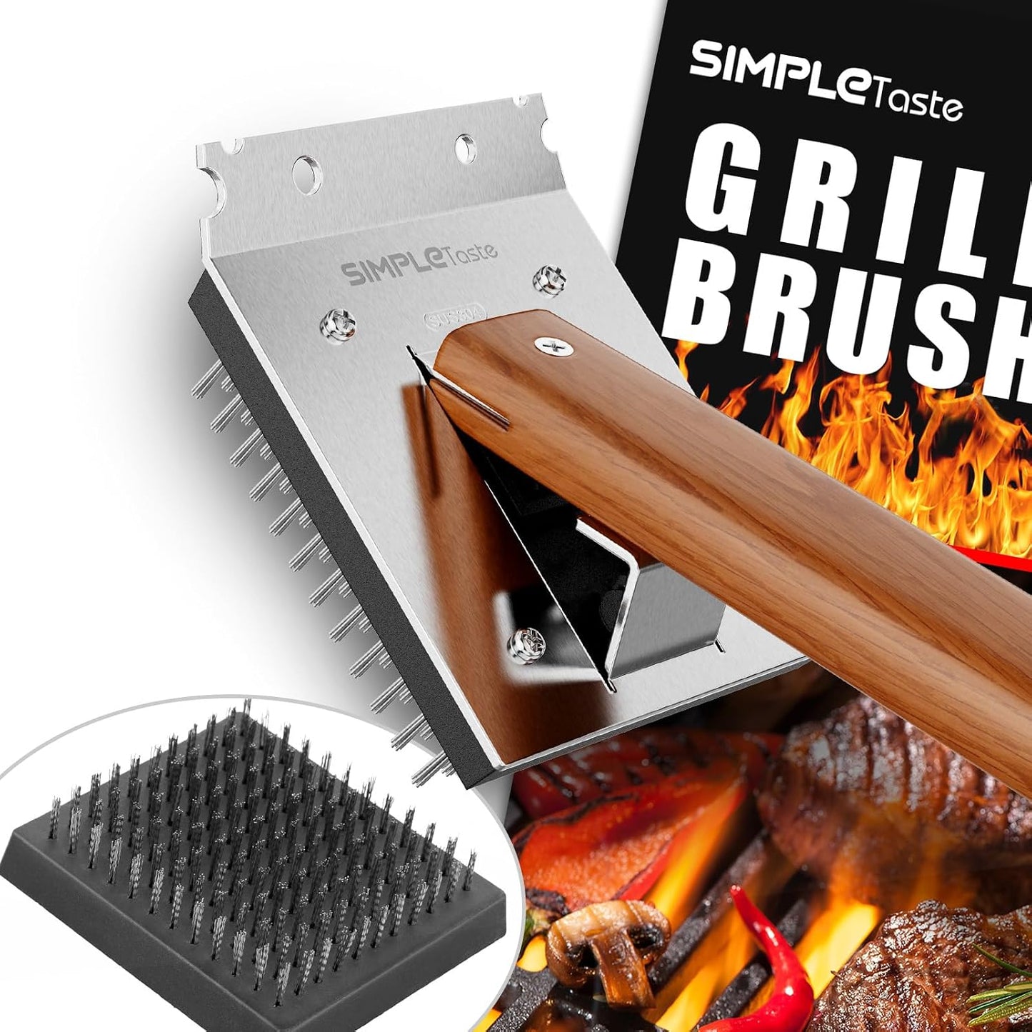 SIMPLETASTE Grill Brush and Scraper for BBQ, Durable & Effective, Replaceable Stainless Steel Head, Wooden Handle Wire Grill Brush for Outdoor Grill, Barbecue Accessories