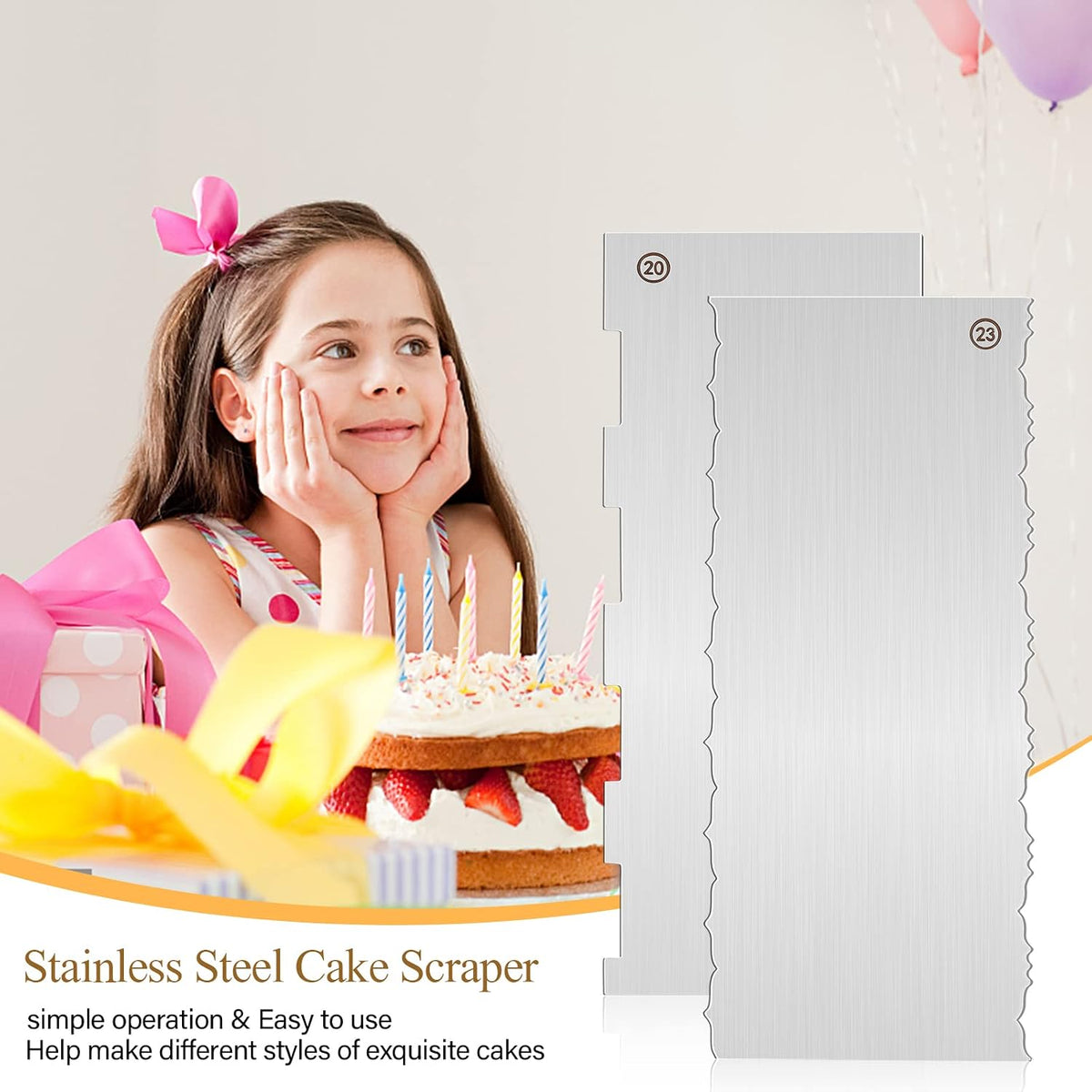 2Pcs 9 Inch Stainless Steel Cake Scrapers, Double-Sided Icing Combs