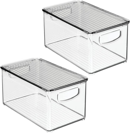 mDesign Deep Plastic Bathroom Storage Bin Box, Lid/Built-in Handles, Organization for Makeup, Hair Styling Tools, Toiletry Accessories in Cabinet, Shelves, Ligne Collection, 8 Pack, Clear