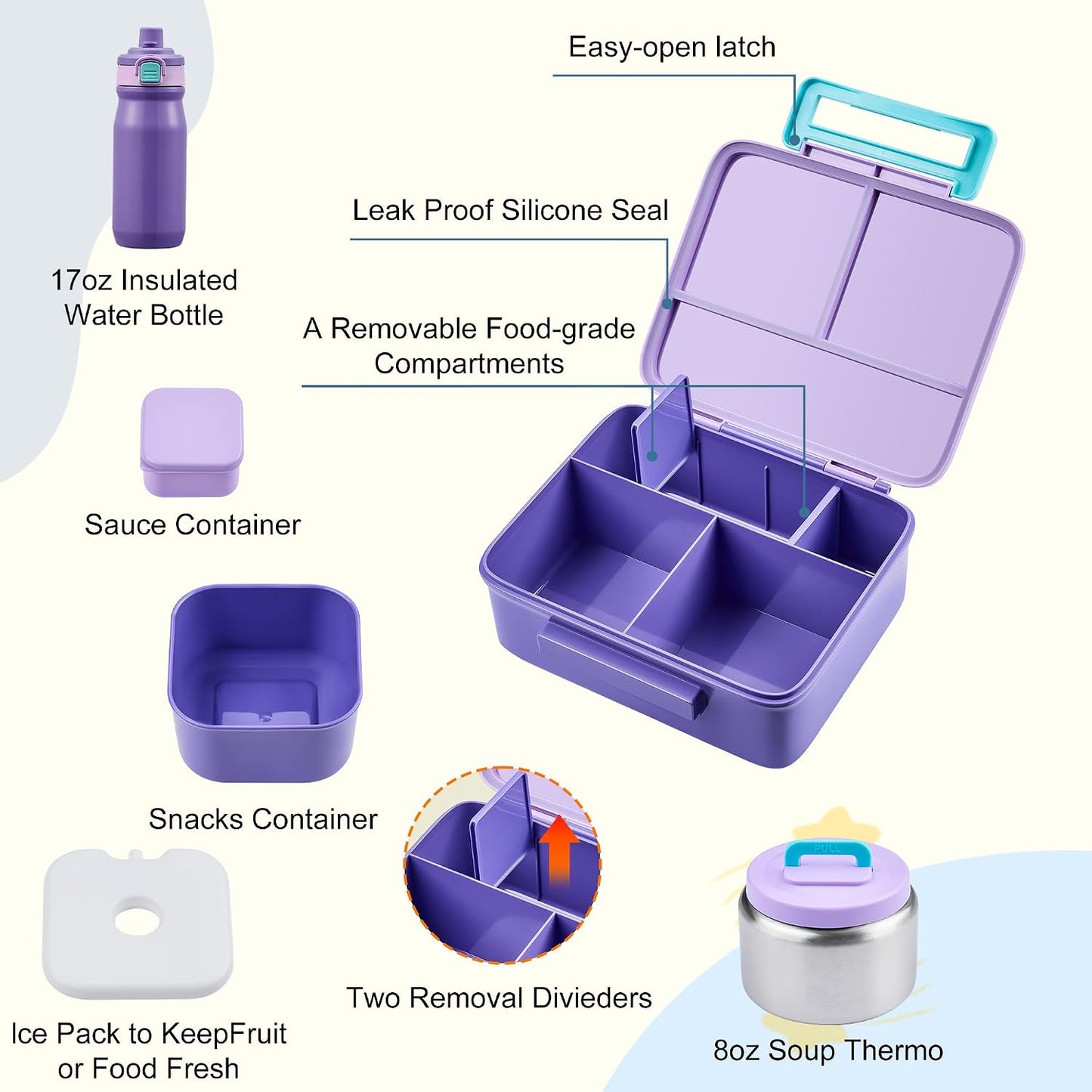 MAISON HUIS Bento Box for Kids with 8oz Soup Thermo, Leak-proof Lunch Food Containers with 5 Compartment, Insulated Lunch Bag & 17oz Stainless Steel Water Bottle for School, Trvael