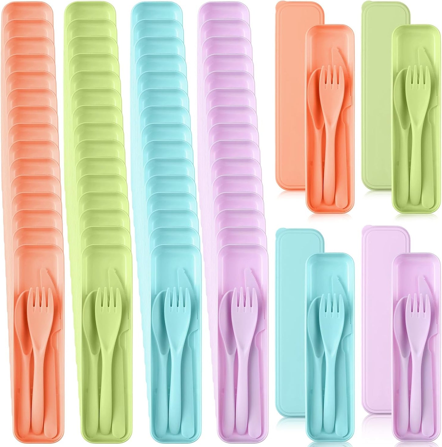 Jinei 50 Sets Reusable Travel Utensils Set with Case Wheat Straw Cutlery Portable Spoon Knife Forks Lunch Box Accessories Friendly Tableware for Kids Adults Camping Utensils(Bright)