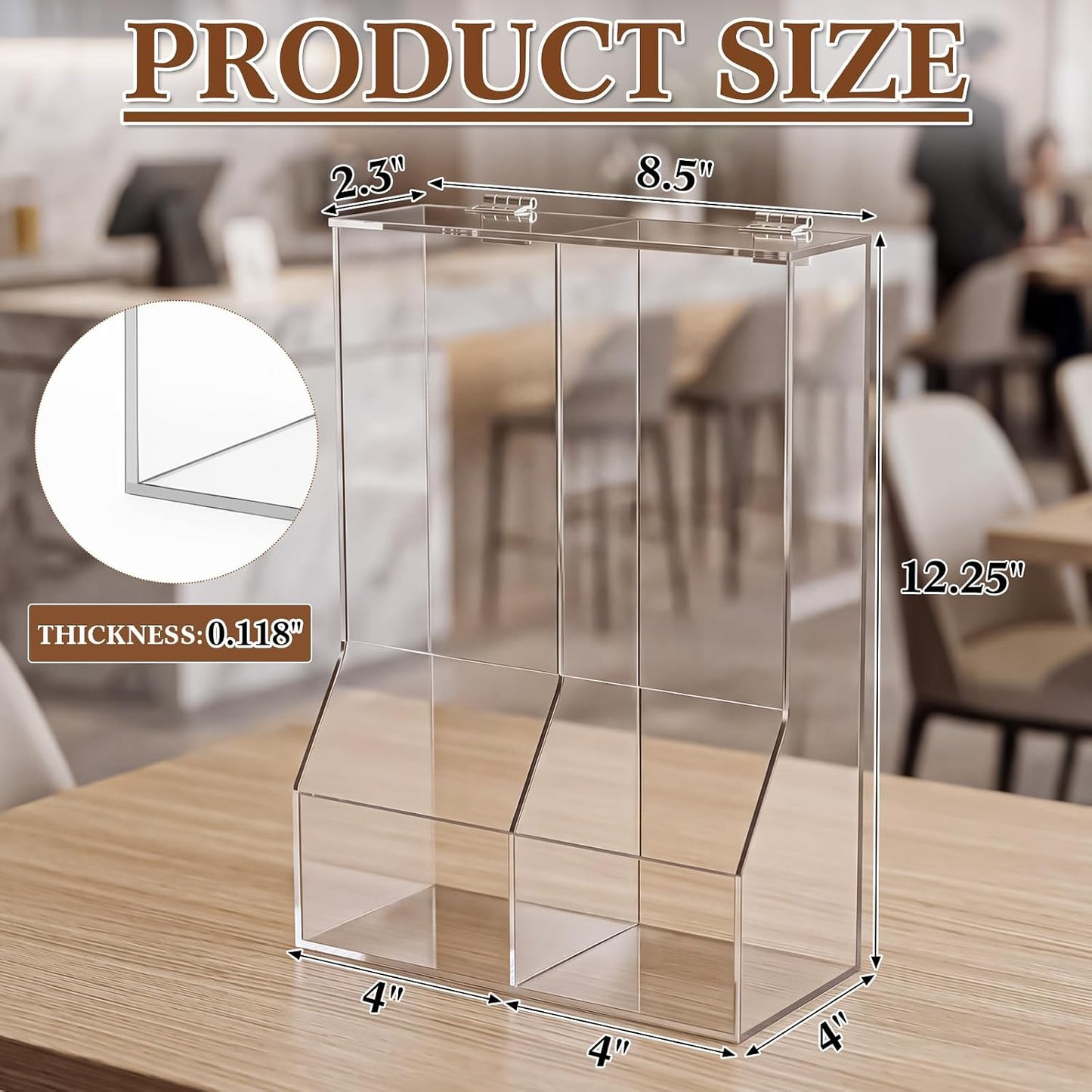 1 Pcs Divided Condiment Bin with Lid 2 Compartment Condiment Packet Organizer Sugar Packet Wrapped Candy Caddy Clear Acrylic for Bakery Restaurant Retail Stores, 8.5" W x 4" D x 12.25" H