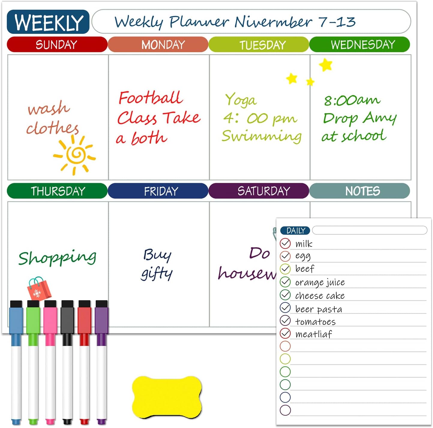 2Pcs Magnetic Calendar Whiteboard for Fridge, 11" x 14" Weekly Digital Calendar Daily Schedule Planner Organizer for Home School Office Refrigerator with 6 Markers and 1 Eraser