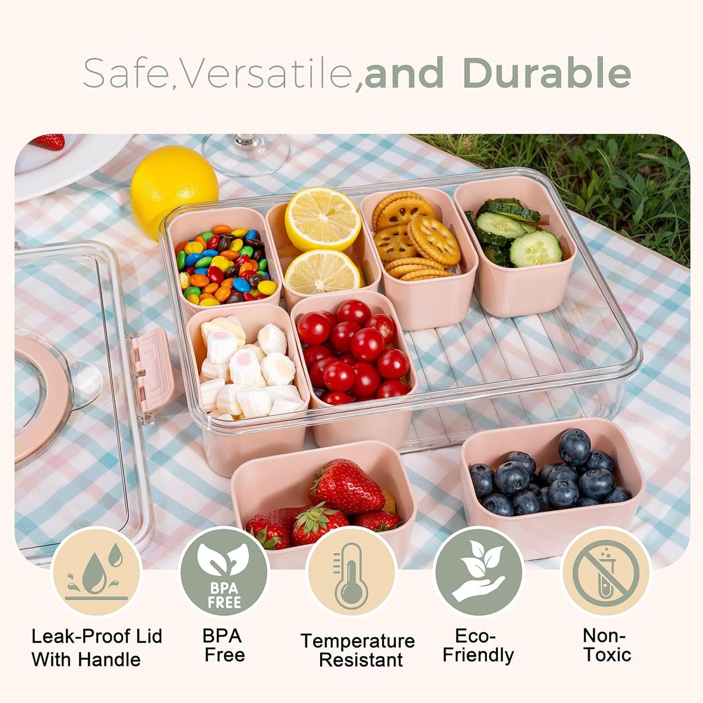 U-QE Dishwasher Safe Snackle Box Container with 8 Small Snacks Box - Premium Ivory Plastic Divided Serving Tray with Lid and Handle for Snack, Veggie, Fruits, Perfect for Party, Picnic, Entertaining