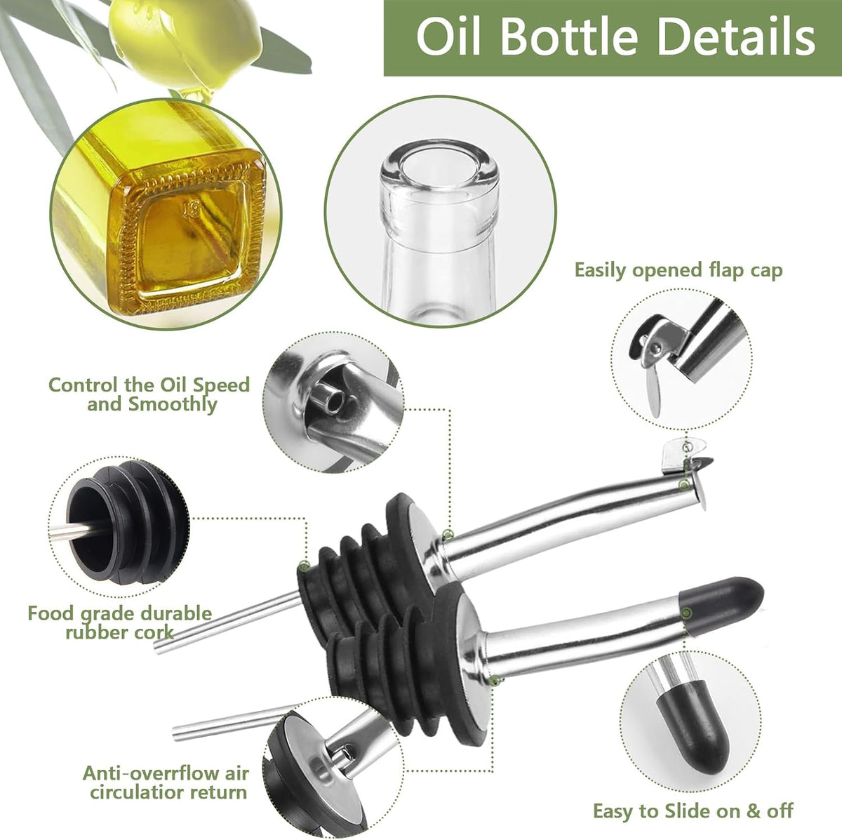 Leaflai Olive Oil Dispenser Bottle, Glass Olive Oil Dispenser and Vinegar Dispenser Set with Stainless Steel Pourers, 4 Labels,1 Brush and 1 Funnel Oil Bottles for Kitchen (500ml)