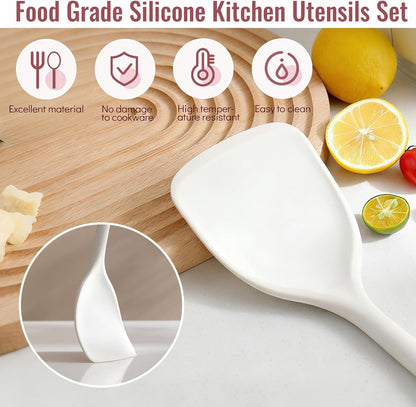 Silicone Kitchen Utensils Set, 10 Piece Silicone Cooking Utensils Set with Holder, Heat-Resistant Non Stick Cooking Tools Set with Spatula,Turner Ladle Skimmer Pasta Fork,BPA Free (Khaki)