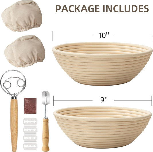 Kikcoin 9" & 10" Banneton Bread Proofing Basket Set, Round Banneton Basket for Sourdough Baking, Baking Supplies with Linen Liner, Bread Lame & Dough Whisk, Sourdough Proofing Tools