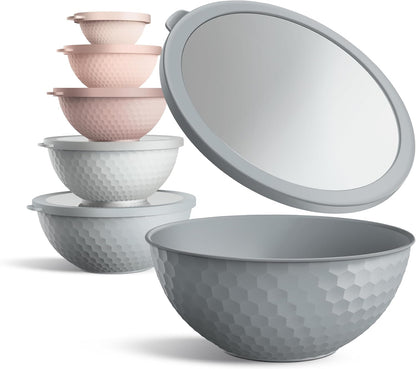 COOK WITH COLOR Mixing Bowls with Lids - 12 Piece Plastic Nesting Bowls Set includes 6 Prep Bowls and 6 Lids, Microwave Safe Mixing Bowl Set, Pink Embossed - Colors A