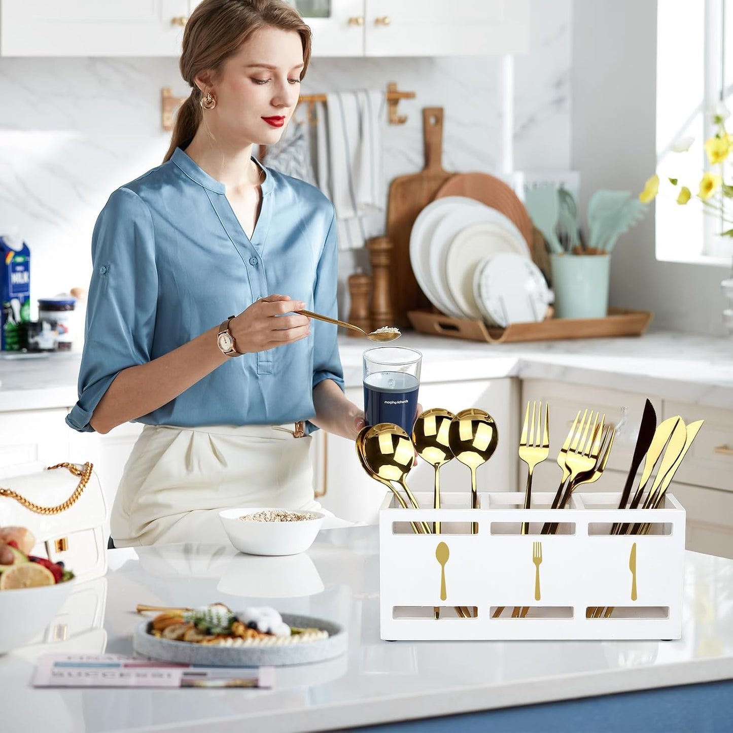 Wooden Silverware Cutlery Holder White Flatware Caddy Small Kitchen Utensil Holders for Party Wood Silverware Organizer Storage for Table Countertop Spoon and Fork Holder Utensils Caddy Basket