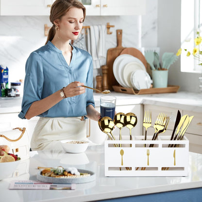 Wooden Silverware Cutlery Holder White Flatware Caddy Small Kitchen Utensil Holders for Party Wood Silverware Organizer Storage for Table Countertop Spoon and Fork Holder Utensils Caddy Basket