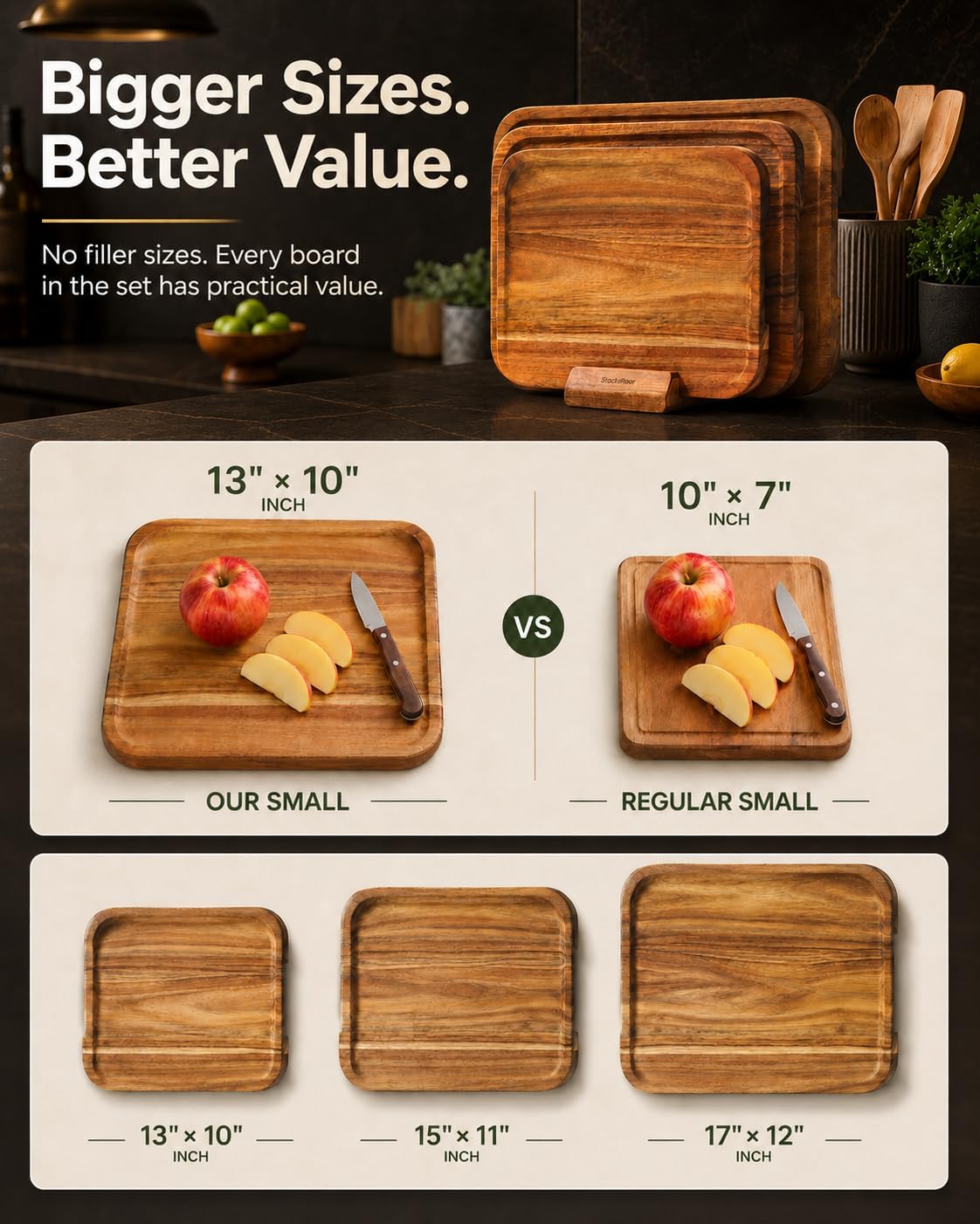 Starkbear Acacia Wood Cutting Board Set of 3 with Stand, Core-Cut Non Slip Wooden Chopping Block, Sloped Juice Groove Reversible Charcuterie Serving Tray for Modern Kitchen Gift