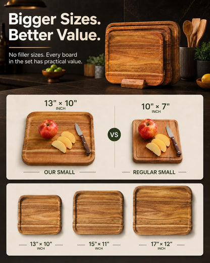 Starkbear Acacia Wood Cutting Board Set of 3 with Stand, Core-Cut Non Slip Wooden Chopping Block, Sloped Juice Groove Reversible Charcuterie Serving Tray for Modern Kitchen Gift