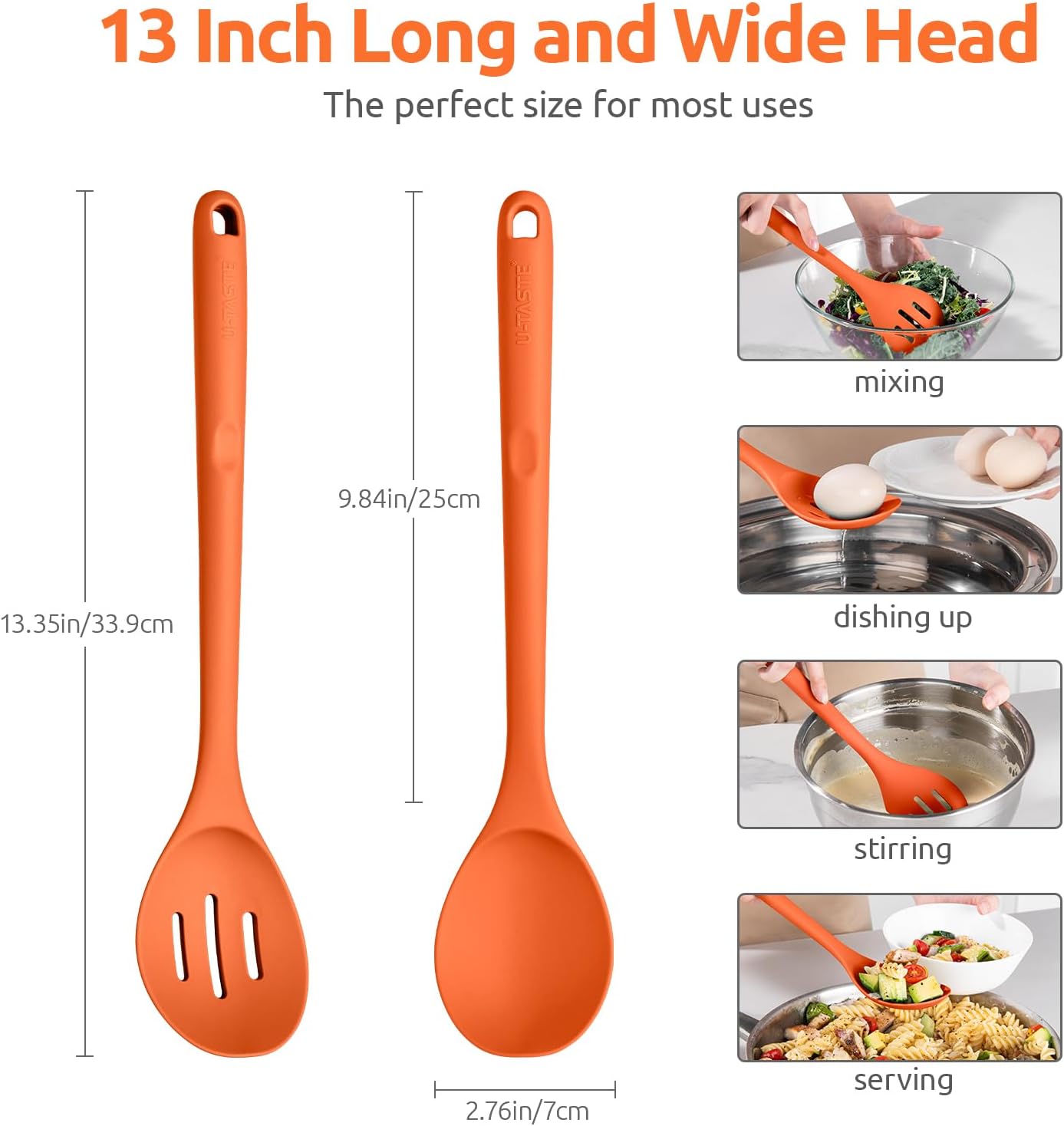 600ºF Heat Resistant Silicone Spoons: U-Taste 13.3in Solid & Slotted Kitchen Cooking Tool, Nonstick Long Rubber Utensil, Sturdy for Mixing, Serving, Stirring, Frying, Basting (Aqua Sky, 2PCS)
