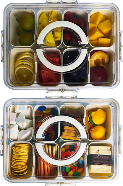 Plastic Divided Serving Tray with Lid and Handle Snack Box Charcuterie Container Portable Snack Platters Organizer for Candy, Fruits, Snacks, Nuts, for Party, Entertaining (White 8 compartments)