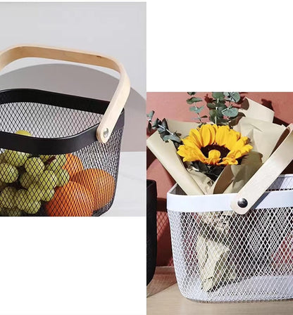 AJIODA Metal Mesh Wire Basket, Large Steel Basket with Wooden Handle Storage Organizer Basket Multi-functional Hanging Kitchen Baskets Fruit Baskets for Kitchen Bathroom Cabinet Pantry Snacks, Black
