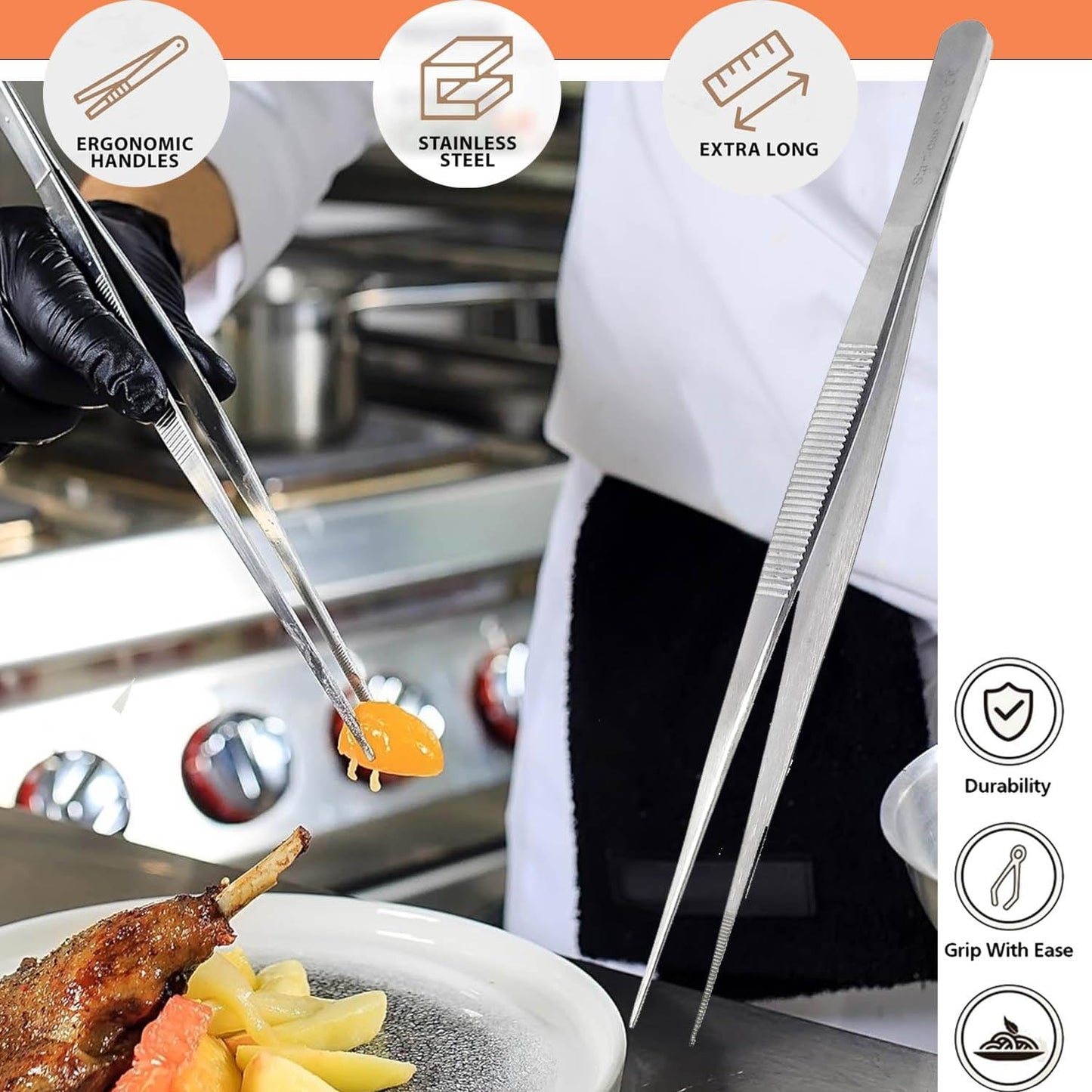 6 Inch Professional Culinary Stainless Steel Precision Tongs with Serrated Tips, Plating/Food Presentation Detailing Serving Tongs, Chef's Kitchen Tweezer Tongs - Ultra Non-Slip Grip