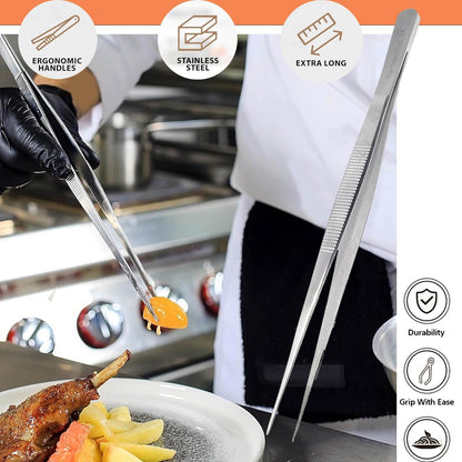 6 Inch Professional Culinary Stainless Steel Precision Tongs with Serrated Tips, Plating/Food Presentation Detailing Serving Tongs, Chef's Kitchen Tweezer Tongs - Ultra Non-Slip Grip