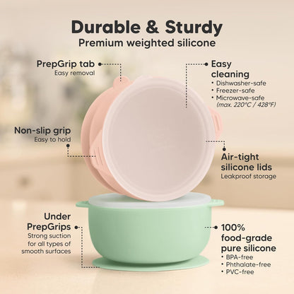 KeaBabies 2-Pack Baby Bowls with Suctions, Lids, Silicone (Terracotta)