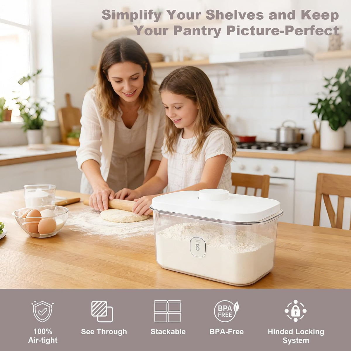 Airtight Rice Container with Measuring Cup, BPA-Free Clear PET Plastic Food Storage Container Pantry Organizers and Storage Sugar Cookies Flour Rice Container (5.6 L / 5.92 QT)