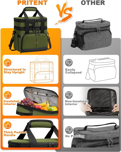 Pritent Lunch Box For Men Women Double Deck Insulated Lunch Bag For Men Woman Leakproof Expandable Cooler Bag with Adjustable Shoulder Strap for Kids Shool Work Picnic Camping(Beige,Large)