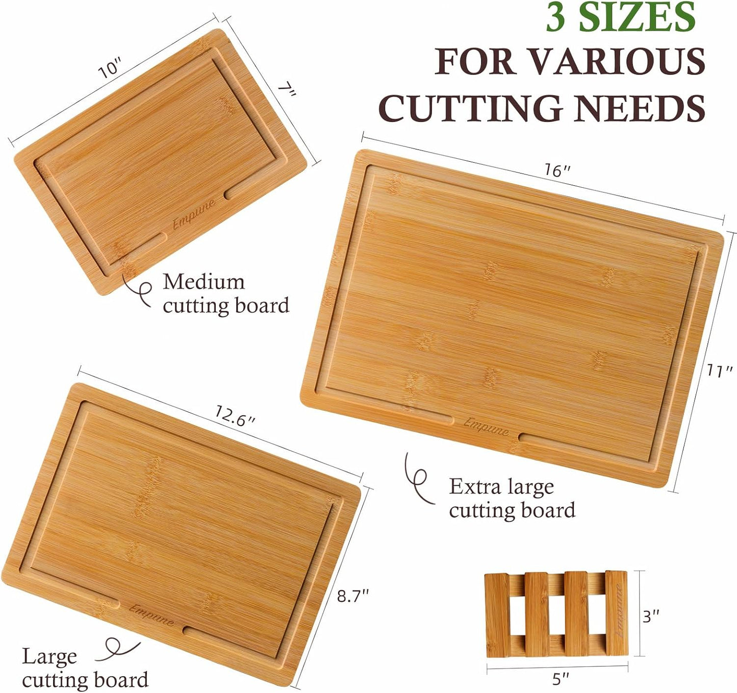 Empune Bamboo Cutting Boards for Kitchen, 3 Piece Extra Thick Cutting Board Set with Juice Groove, Deep Carbonized Bamboo Chopping Board, Reversible Wood Cutting Board for charcuterie boards, Brown